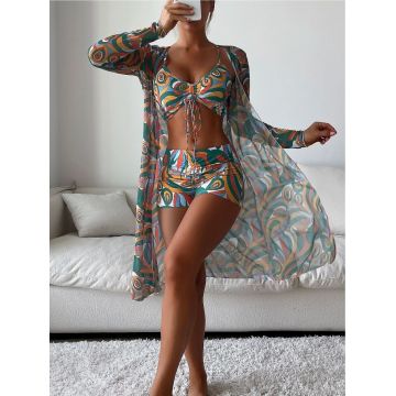 Set 3 piese Costum de baie si tunica Americano Verde/Orange