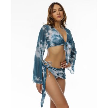 Set 4 piese Costum de baie doua piese dama, esarfa si bluza Tinder Blue