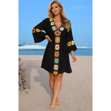 Tunica de plaja cu insertii crosetate, vaporoasa Crochet Breeze Neagra
